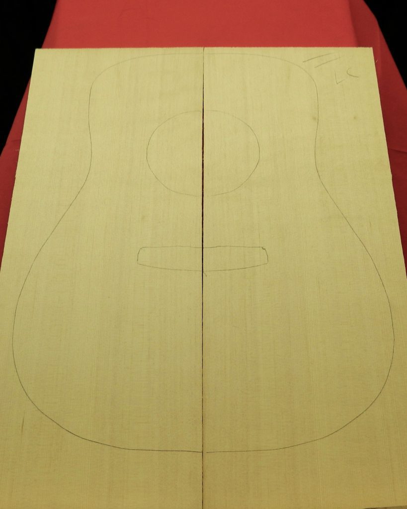 Bookmatched AA Light Curly/Quilt Sitka Spruce Dread guitar soundboard with pencil outline