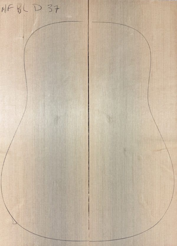 Pencil outline of a guitar body on joined pale, finely-grained wood boards, labeled NFBLD D 37, representing Non-Figured One-of-a-Kind Guitar Tops.