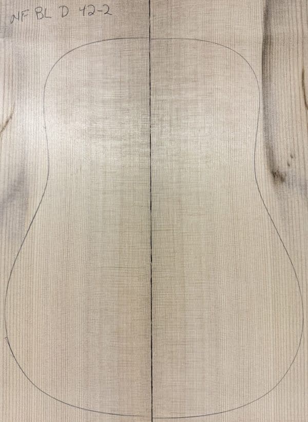 Bookmatched light-colored Sitka Spruce wood with an acoustic guitar body outline, showcasing a distinctive One-of-a-Kind Guitar Top.