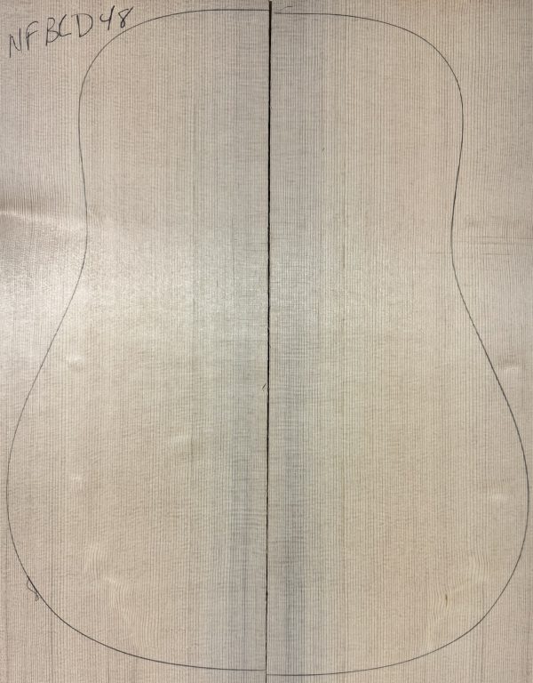 Light-colored, quarter-sawn, book-matched Sitka Spruce board for a blue non-figured dreadnought guitar, marked 'NFBCLD 48'.