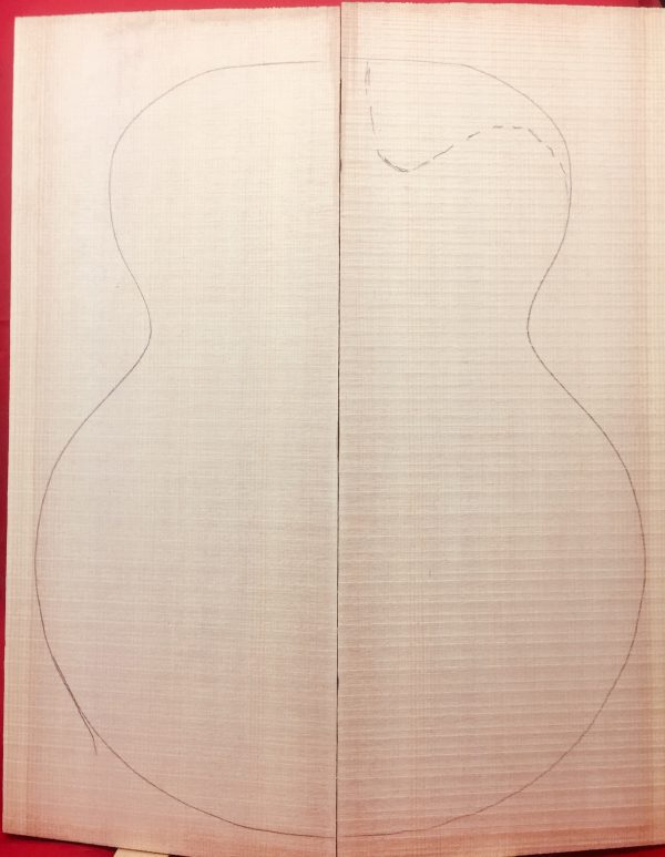 Bookmatched Sitka spruce tonewood with a guitar body outline, ready for an archtop guitar top.
