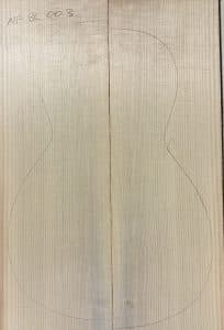 Two light-colored Non-Figured Guitar Tops, joined vertically, with a straight vertical grain, an acoustic guitar body outline, and 'NF BL 003' label.