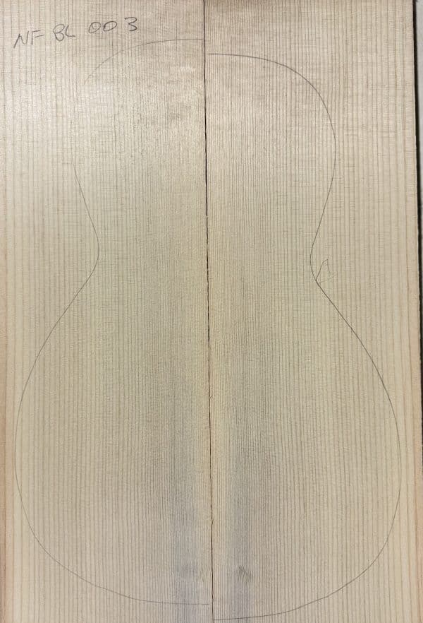 Two light-colored Non-Figured Guitar Tops, joined vertically, with a straight vertical grain, an acoustic guitar body outline, and 'NF BL 003' label.
