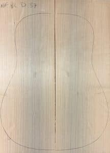 Pencil outline of a guitar body on joined pale, finely-grained wood boards, labeled NFBLD D 37, representing Non-Figured One-of-a-Kind Guitar Tops.