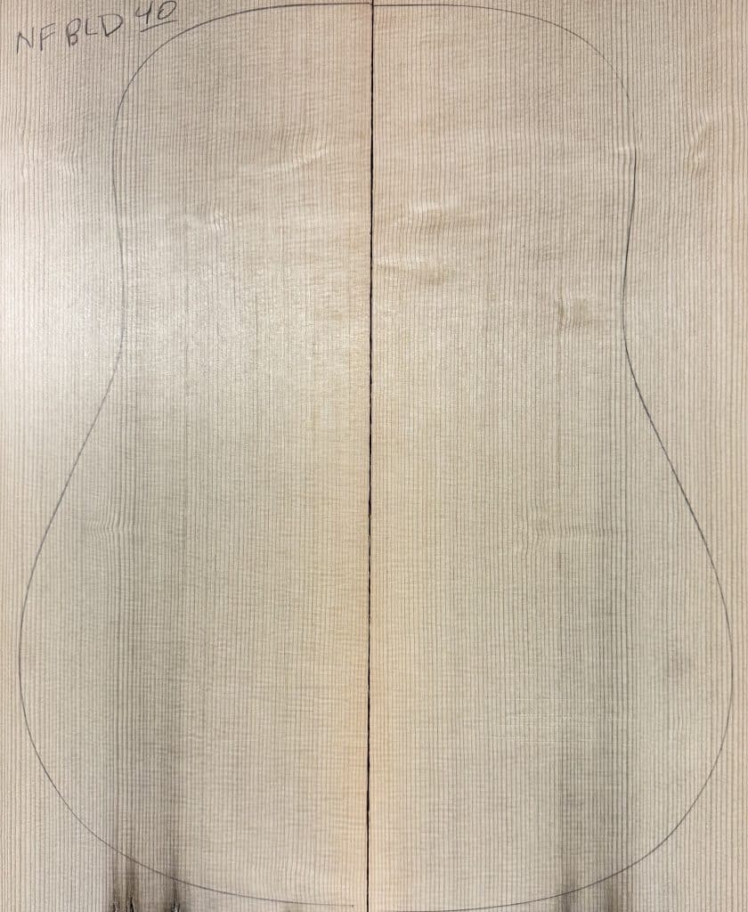 Light-colored, book-matched Sitka Spruce guitar top with pencil outline for custom One-of-a-Kind Guitar Tops.