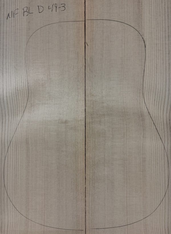 Light-colored reclaimed Sitka Spruce planks, joined with acoustic guitar outline, representing Blue Non-Figured One-of-a-Kind Guitar Tops.